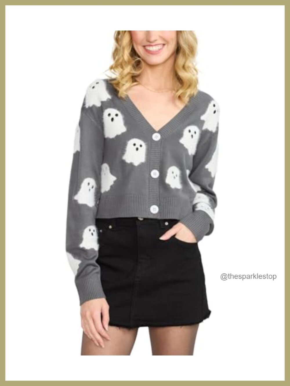 Halloween Ghost Print Fuzzy Cropped Button-Up Cardigan Sweater